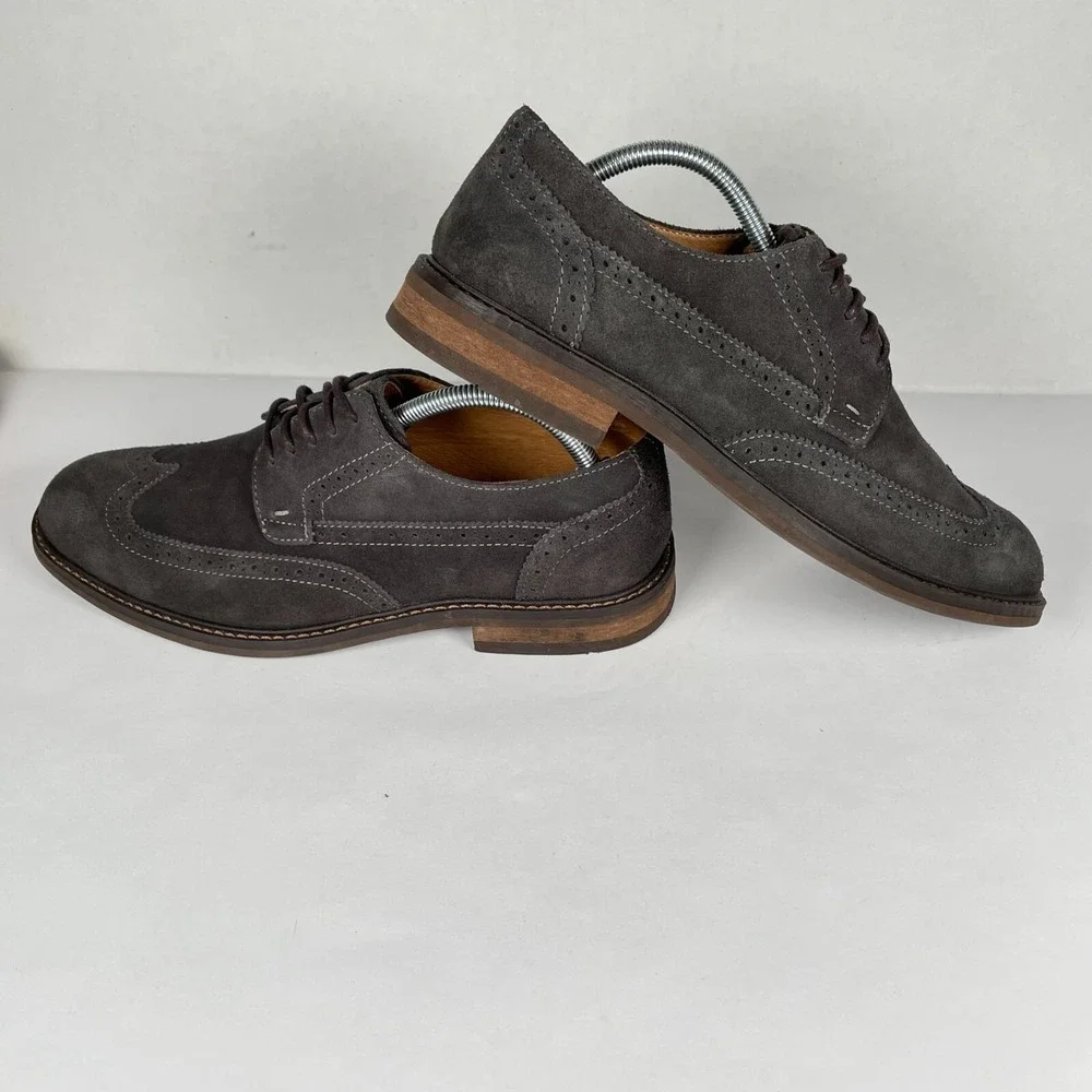 Vionic Bruno Oxford Shoes Mens Size 8.5 Gray Suede Wingtip Lace Up Casual Dress